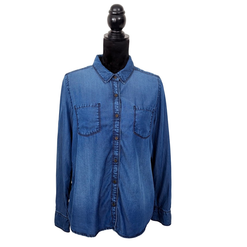 Caslon Womens Petite Large Blue Denim Classic Chambray Button Down Shirt Casual - Picture 1 of 7